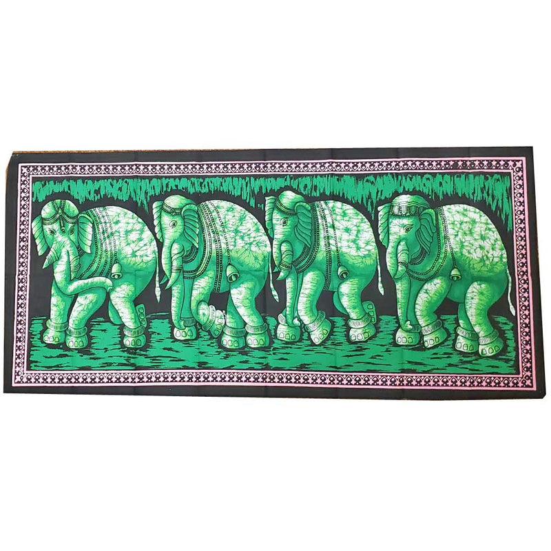 Green Matriarch Elephant Herd Horizontal Wall Banner Batik Table Runner Decor