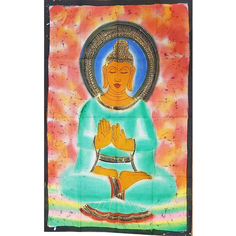 Turquoise Buddha Teaching Double Lotus Position Meditation Hand Painted Wall Mural Banner