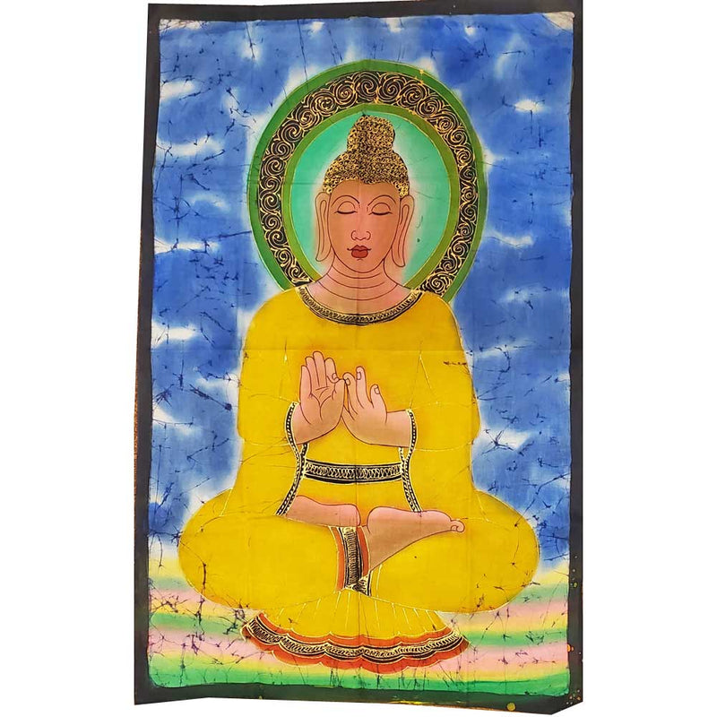 Yellow Buddha Teaching Double Lotus Position Meditation Hand Painted Wall Mural Banner | Wild Lotus®