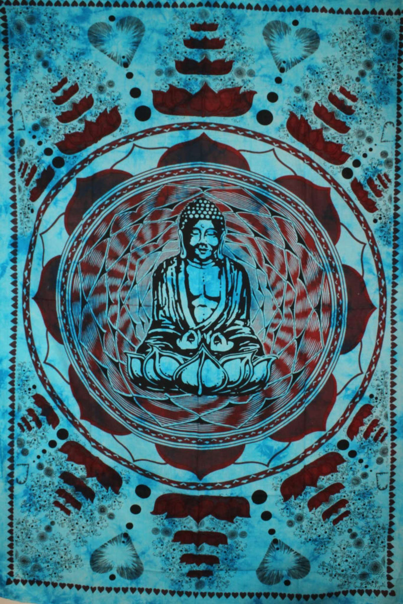 Turquoise Buddha In Dharma Chakra Mudra On A Lotus Flower Tapestry