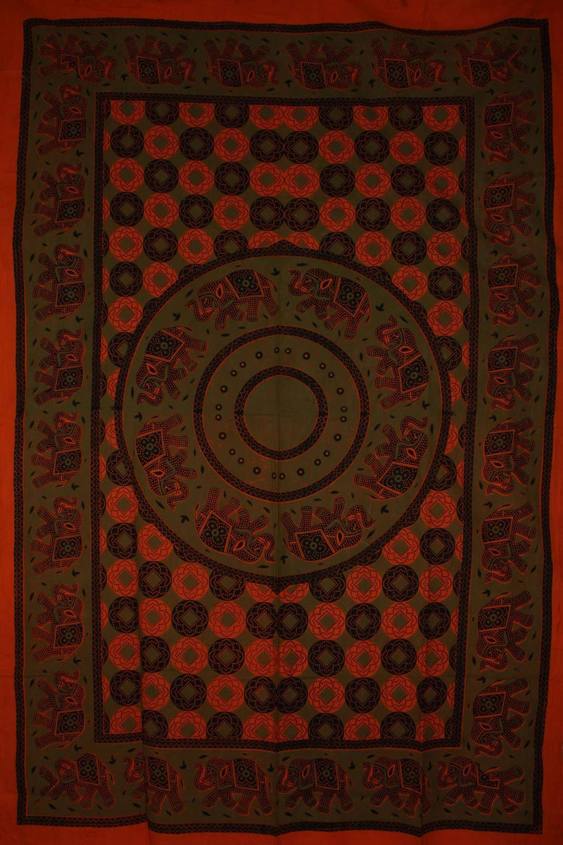 Saffron & Green Folk Style Bagru Elephant Mandala Tapestry
